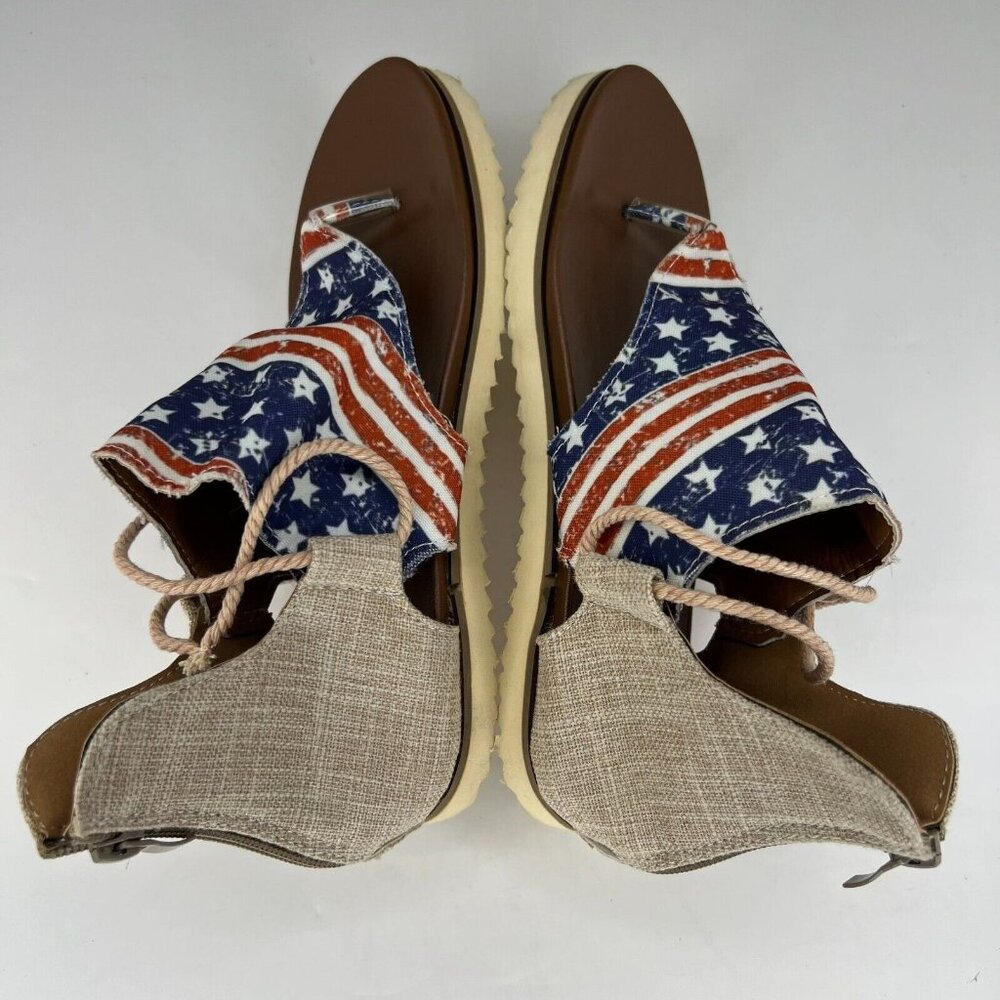 Womens Round Clip Toe American Flag Back Zip Denim Synthetic Size 7 Flat Sandals - Picture 6 of 8